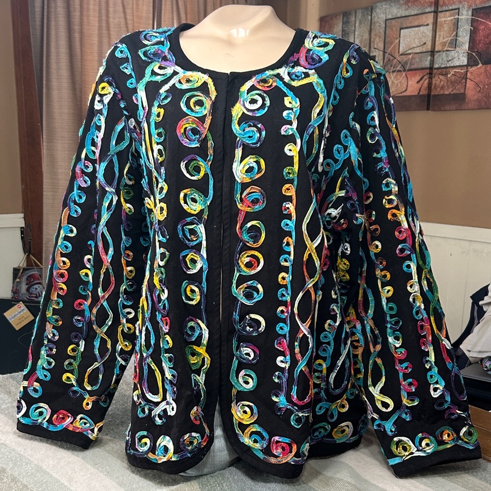 KEREN hart Black and Multicolor Embroidered Jacket- Art to Wear- Lagenlook